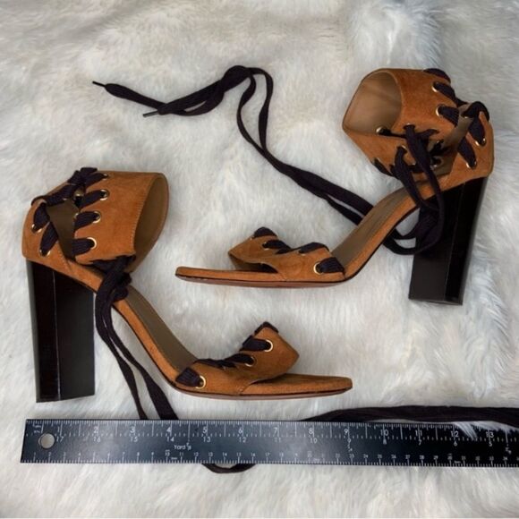 Sz 41 Chloe Miles Iconic Whipstitch Strap Lace-up Brown Suede Sandals Pumps - Picture 2 of 9